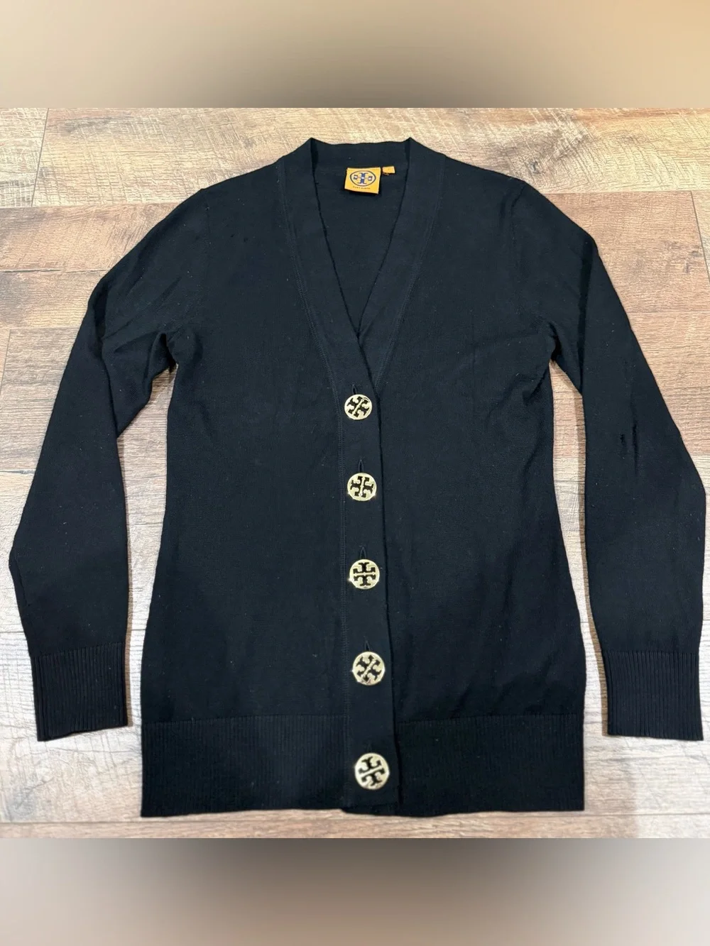 Tory Burch Merino Wool Black Sweater with Oversized Gold Logo Buttons *Flaws